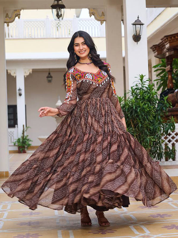 Brown Gamathi Work Bandhani Printed Georgette Gown