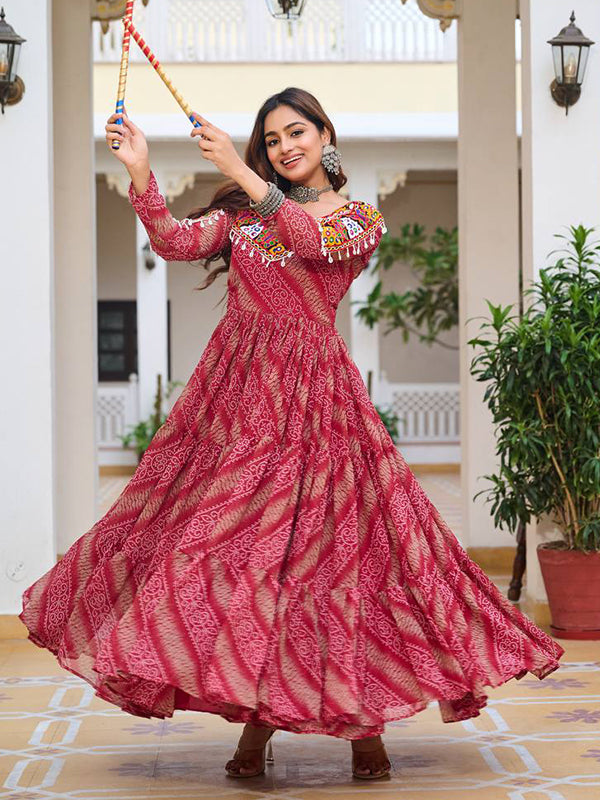 Maroon Gamathi Work Bandhani Printed Georgette Gown