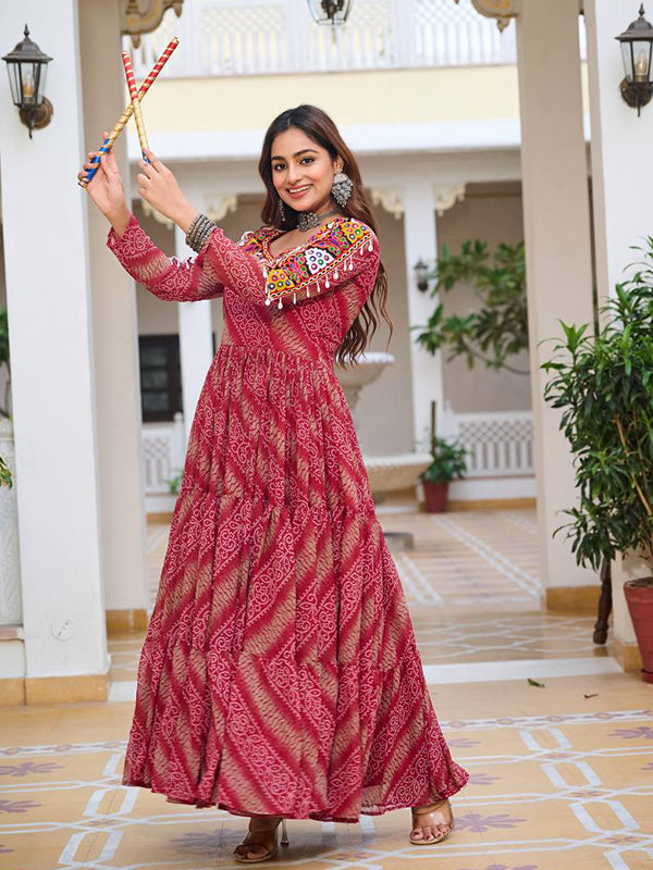 Maroon Gamathi Work Bandhani Printed Georgette Gown