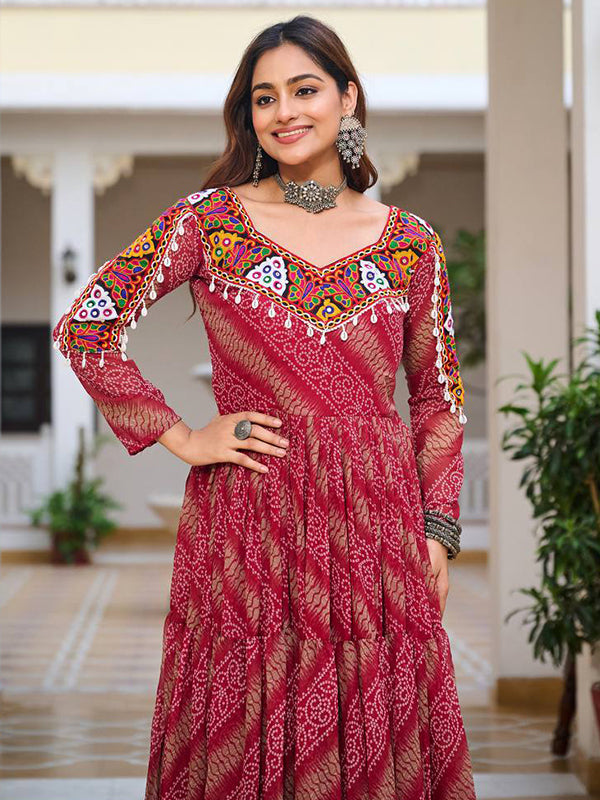 Maroon Gamathi Work Bandhani Printed Georgette Gown