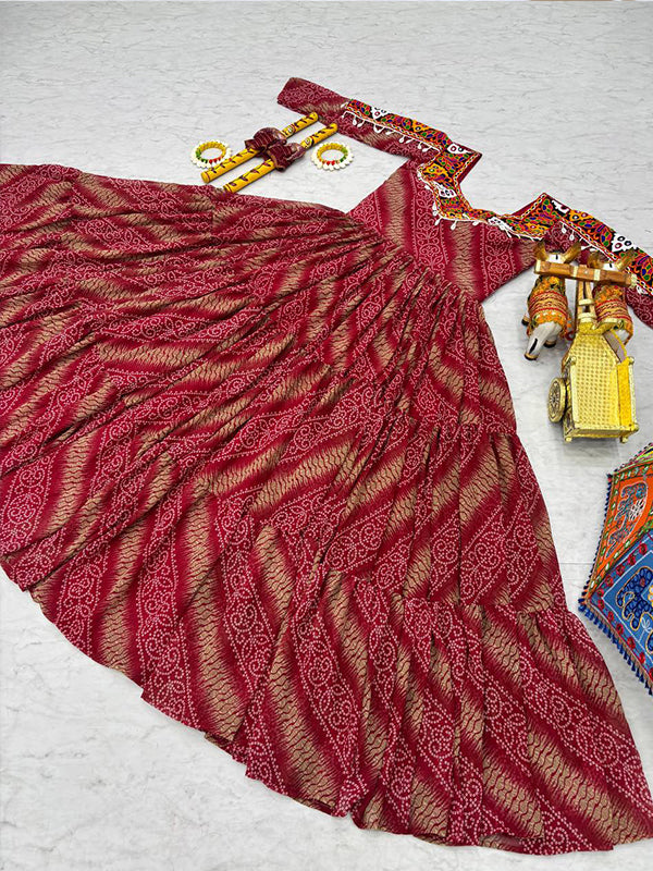 Maroon Gamathi Work Bandhani Printed Georgette Gown