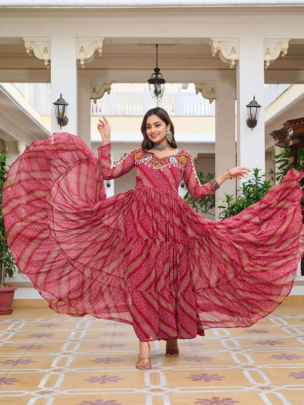 Maroon Gamathi Work Bandhani Printed Georgette Gown