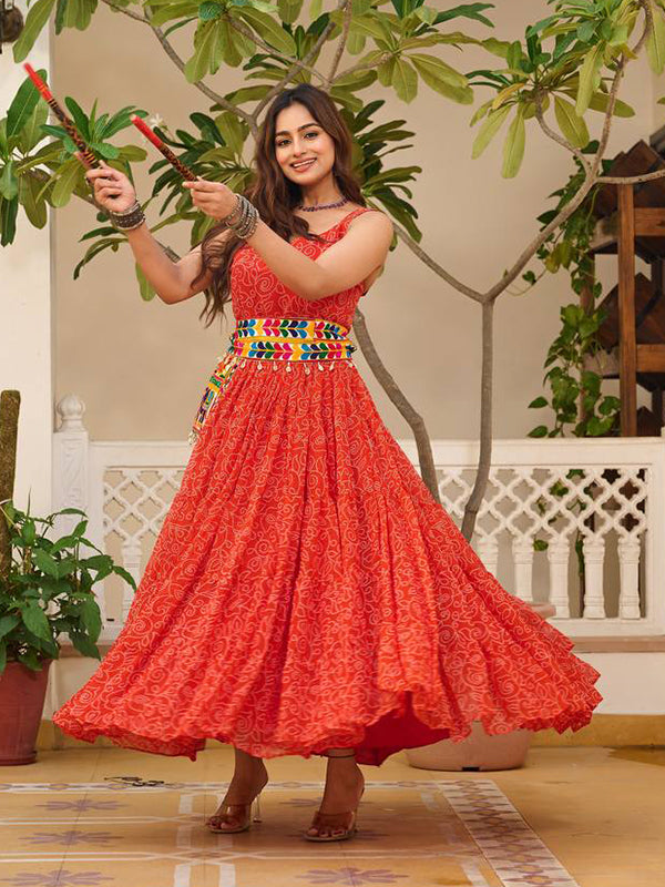 Orange Bandhani Printed Georgette Gown With Gamathi Work Belt