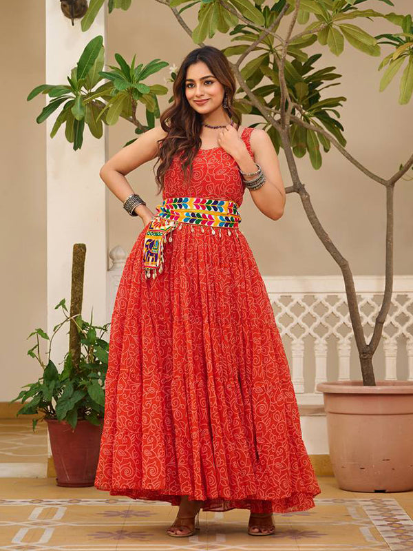 Orange Bandhani Printed Georgette Gown With Gamathi Work Belt