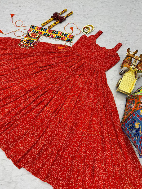 Orange Bandhani Printed Georgette Gown With Gamathi Work Belt