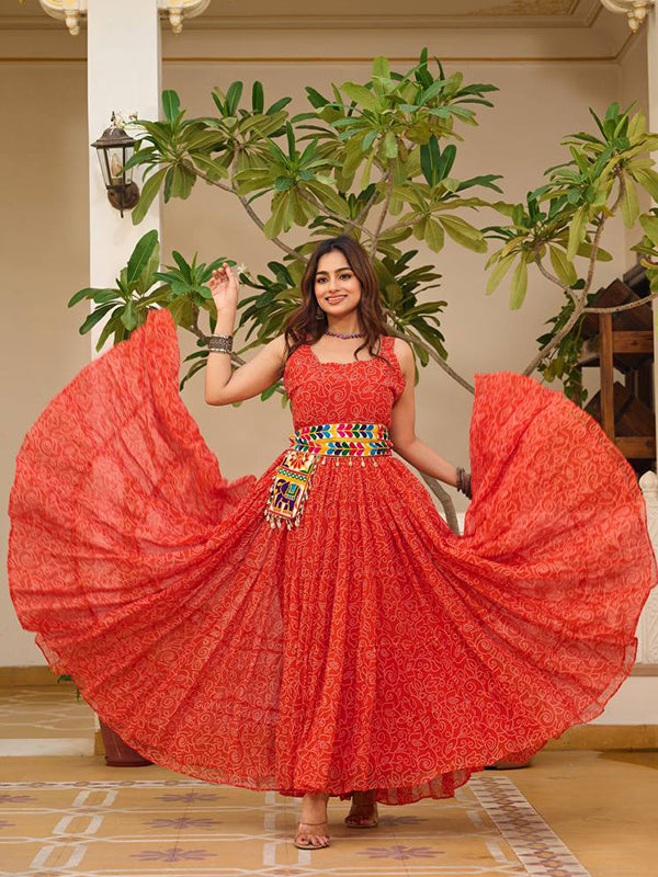 Orange Bandhani Printed Georgette Gown With Gamathi Work Belt