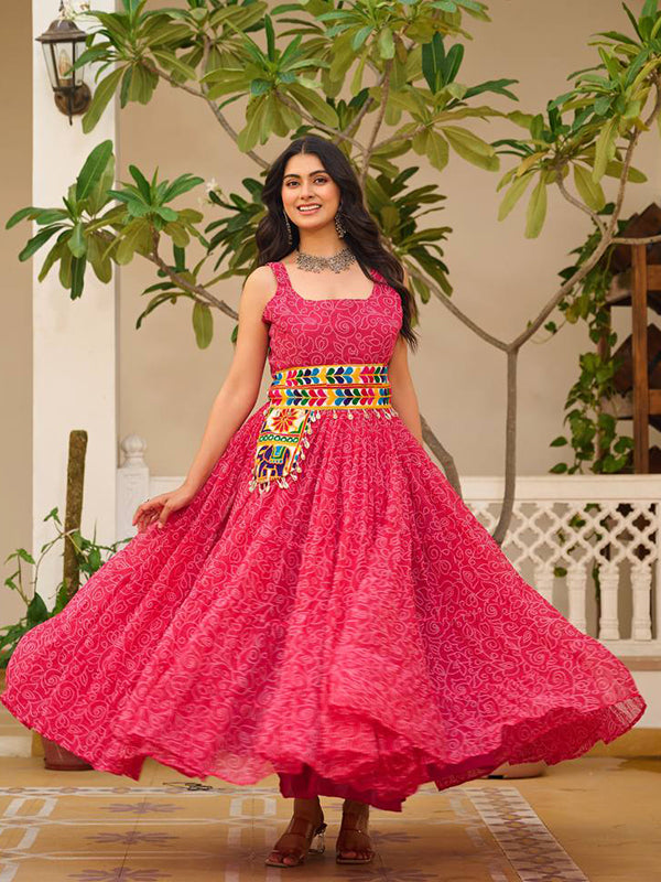 Pink Bandhani Printed Georgette Gown With Gamathi Work Belt