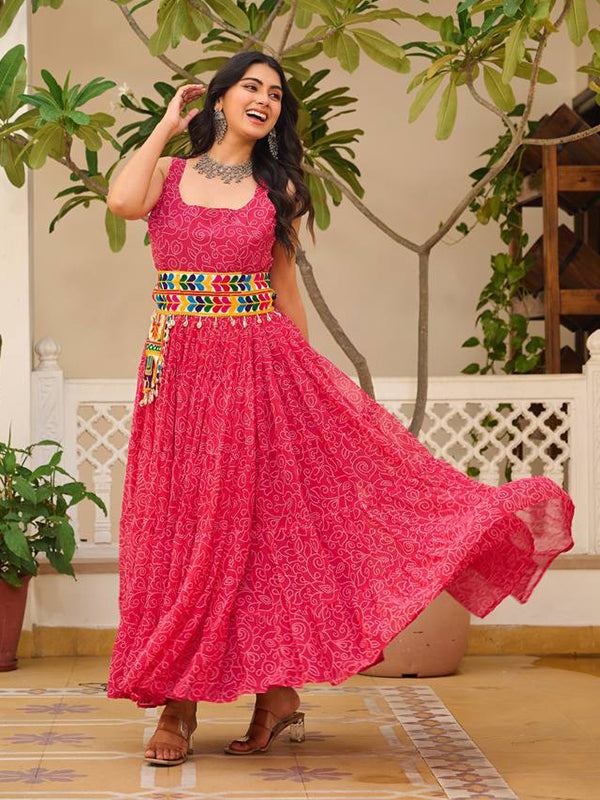 Pink Bandhani Printed Georgette Gown With Gamathi Work Belt