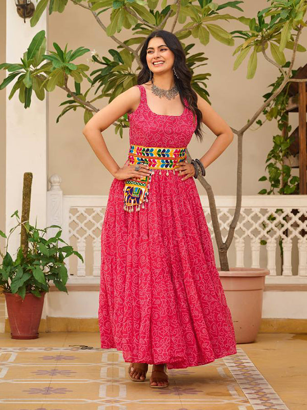 Pink Bandhani Printed Georgette Gown With Gamathi Work Belt