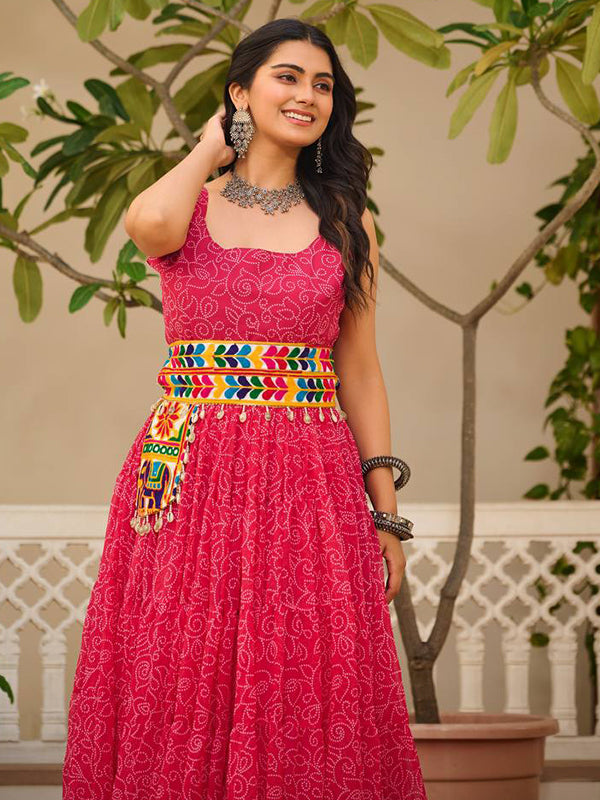 Pink Bandhani Printed Georgette Gown With Gamathi Work Belt