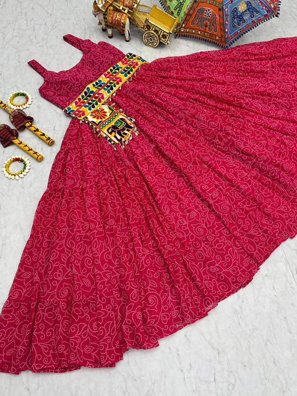 Pink Bandhani Printed Georgette Gown With Gamathi Work Belt