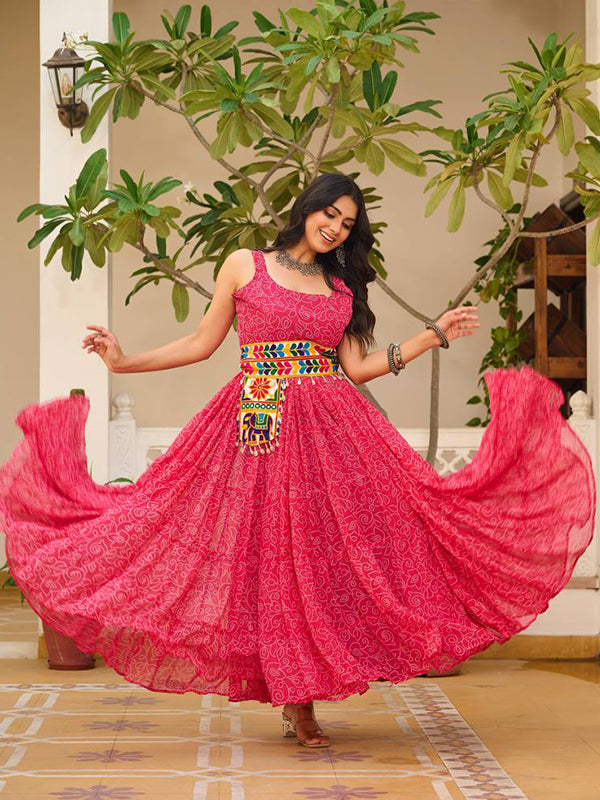 Pink Bandhani Printed Georgette Gown With Gamathi Work Belt