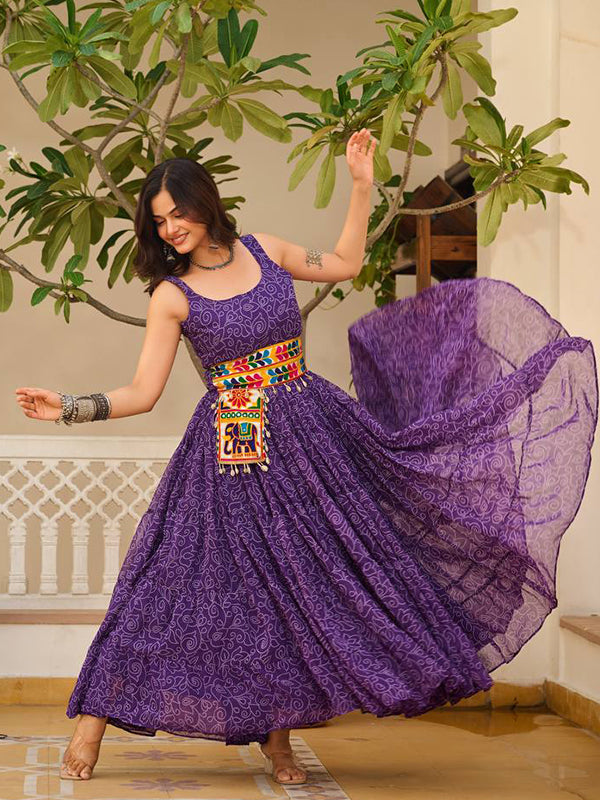 Purple Bandhani Printed Georgette Gown With Gamathi Work Belt