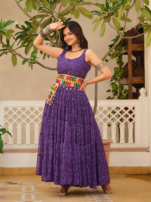 Purple Bandhani Printed Georgette Gown With Gamathi Work Belt