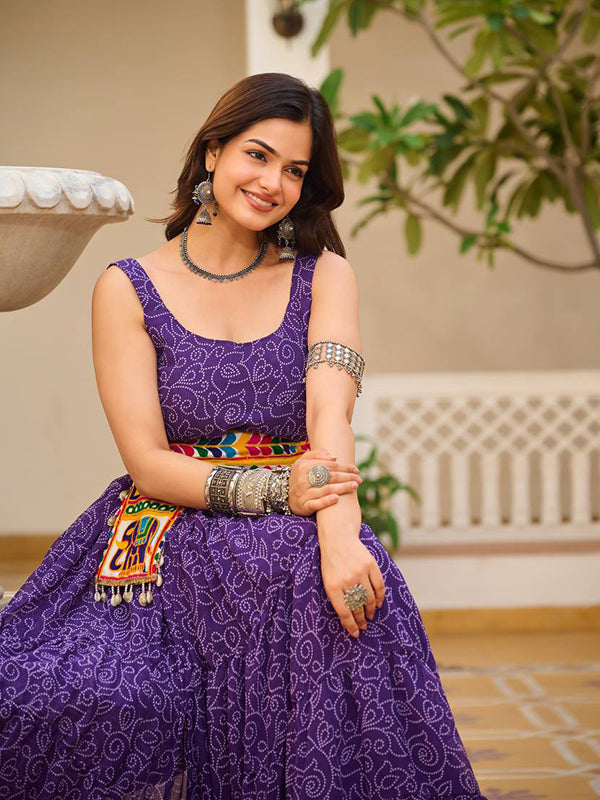 Purple Bandhani Printed Georgette Gown With Gamathi Work Belt