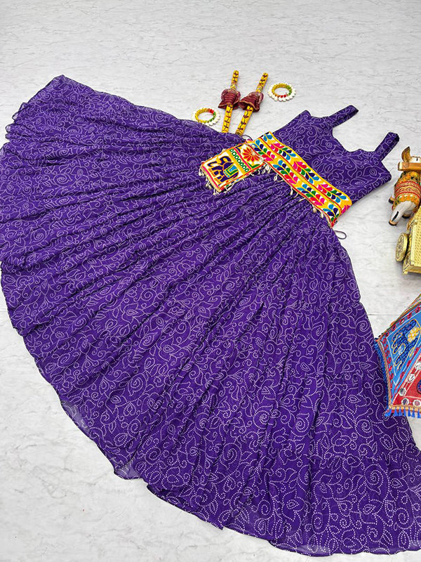 Purple Bandhani Printed Georgette Gown With Gamathi Work Belt