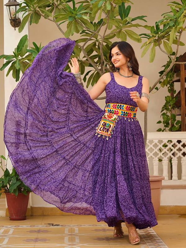 Purple Bandhani Printed Georgette Gown With Gamathi Work Belt