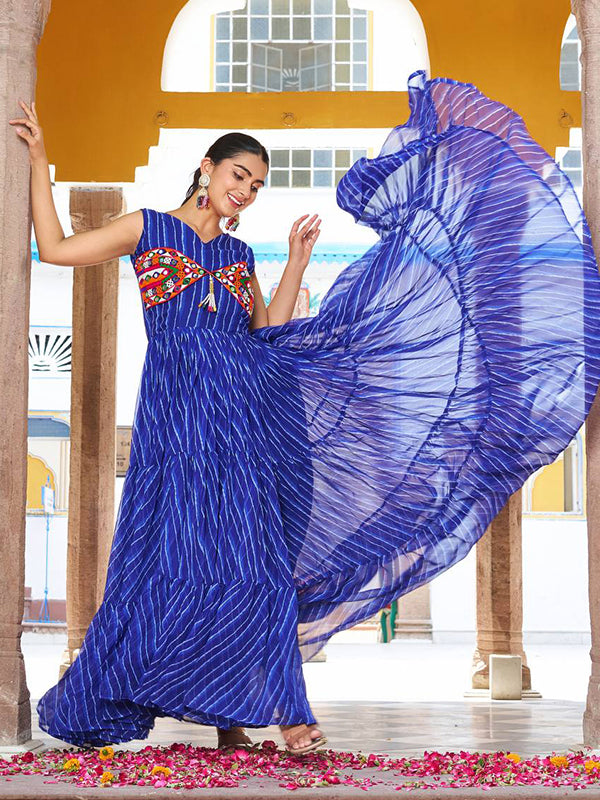 Blue Bandhani Printed Gamathi Work Georgette Gown