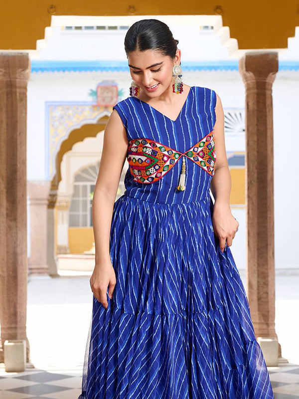 Blue Bandhani Printed Gamathi Work Georgette Gown