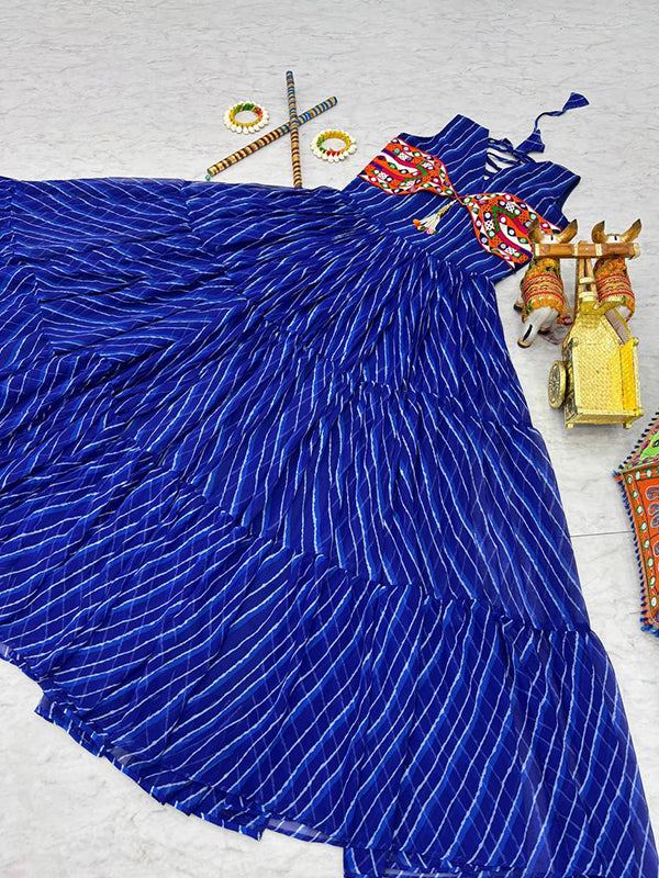 Blue Bandhani Printed Gamathi Work Georgette Gown