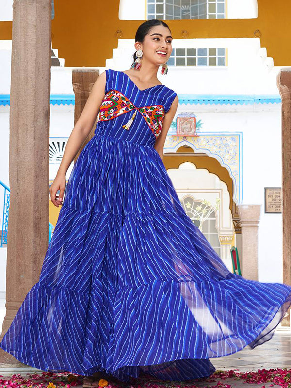 Blue Bandhani Printed Gamathi Work Georgette Gown