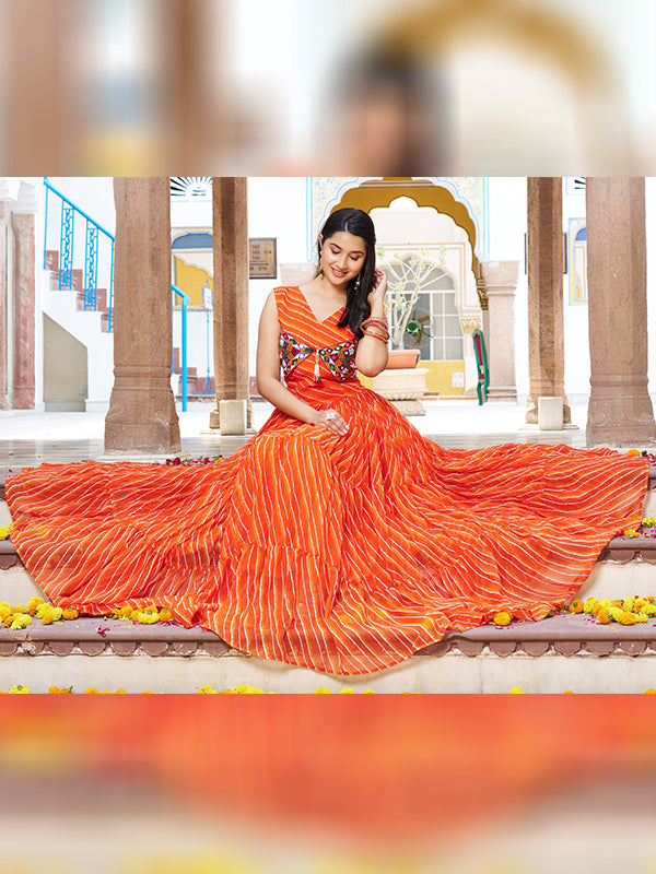 Orange Bandhani Printed Gamathi Work Georgette Gown