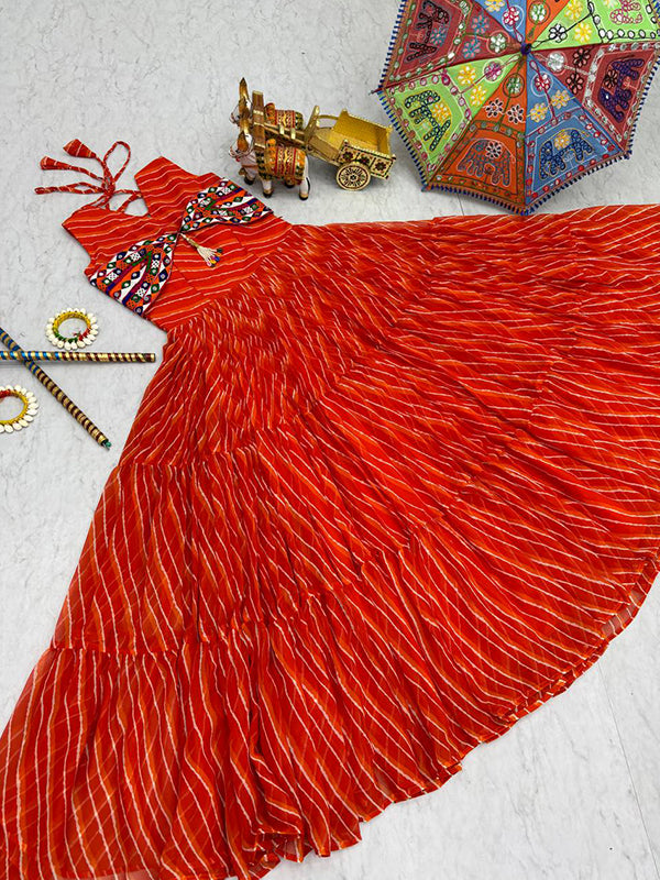 Orange Bandhani Printed Gamathi Work Georgette Gown