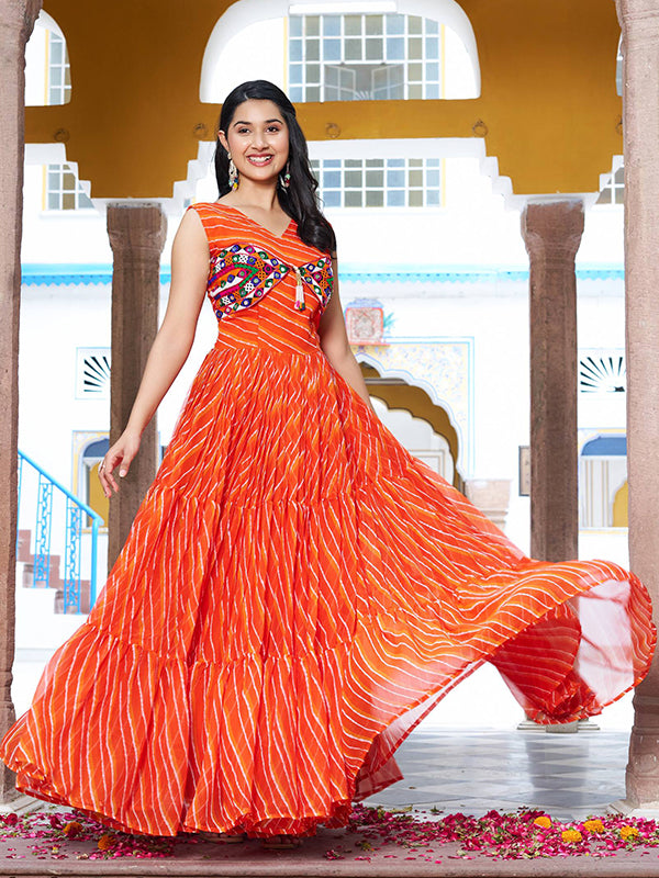 Orange Bandhani Printed Gamathi Work Georgette Gown