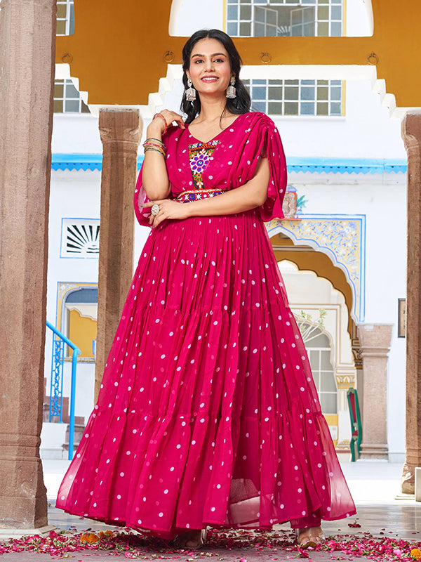 Pink Bandhani Printed Gamathi Work Georgette Gown