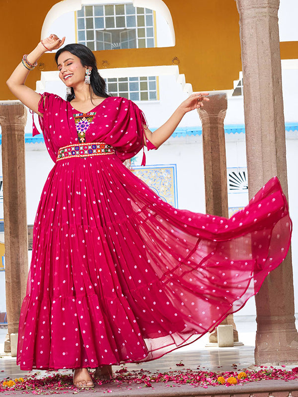 Pink Bandhani Printed Gamathi Work Georgette Gown