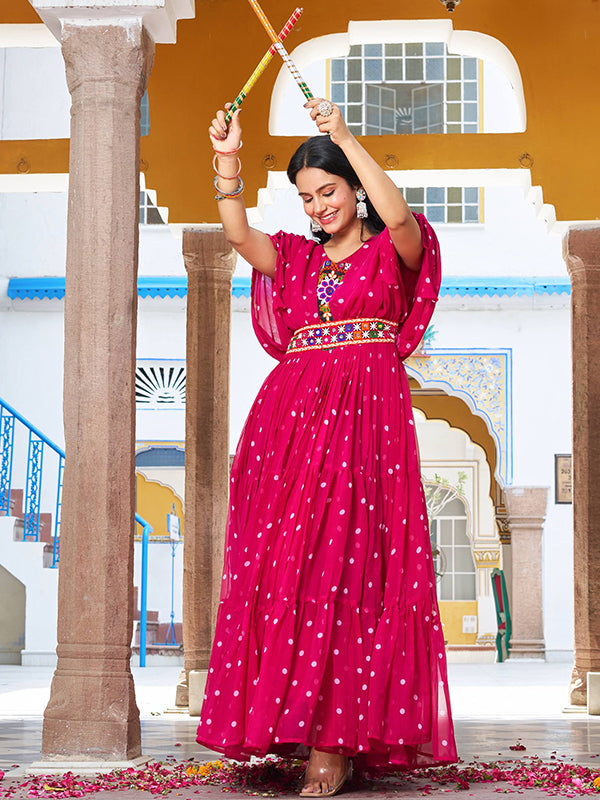 Pink Bandhani Printed Gamathi Work Georgette Gown