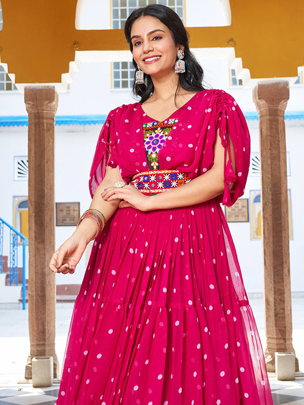 Pink Bandhani Printed Gamathi Work Georgette Gown