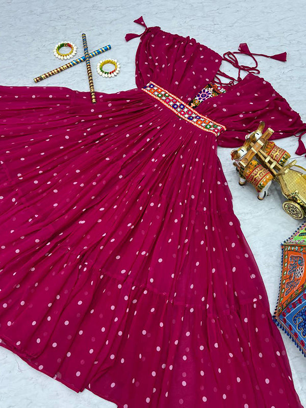 Pink Bandhani Printed Gamathi Work Georgette Gown