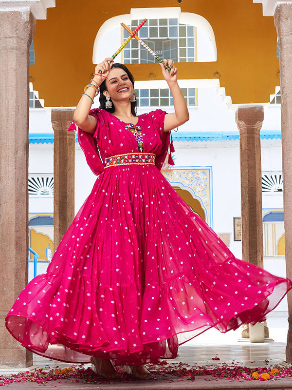 Pink Bandhani Printed Gamathi Work Georgette Gown