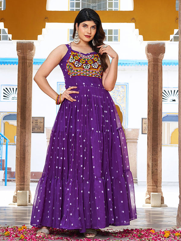 Purple Bandhani Printed Gamathi Work Georgette Gown