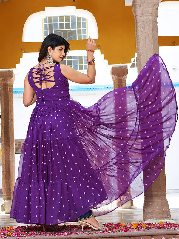 Purple Bandhani Printed Gamathi Work Georgette Gown