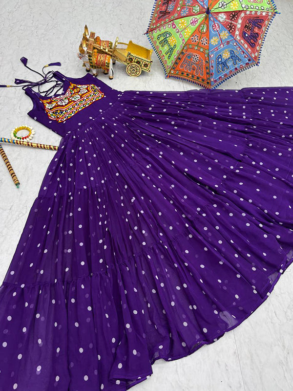 Purple Bandhani Printed Gamathi Work Georgette Gown