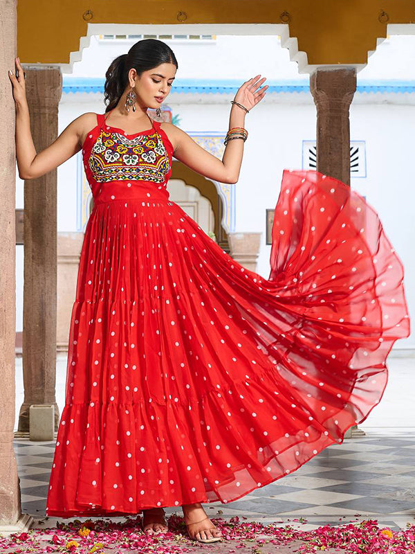 Red Bandhani Printed Gamathi Work Georgette Gown