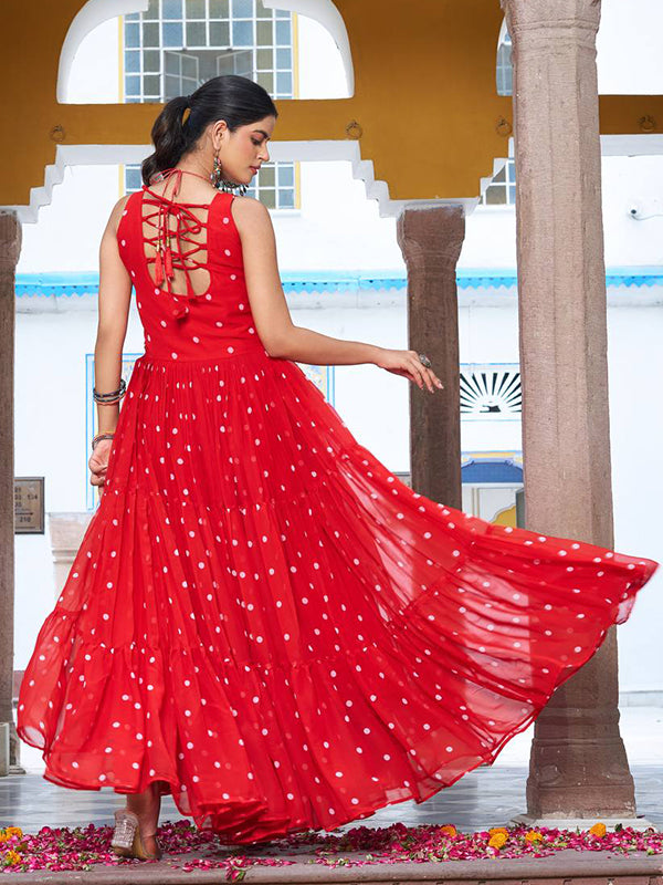 Red Bandhani Printed Gamathi Work Georgette Gown