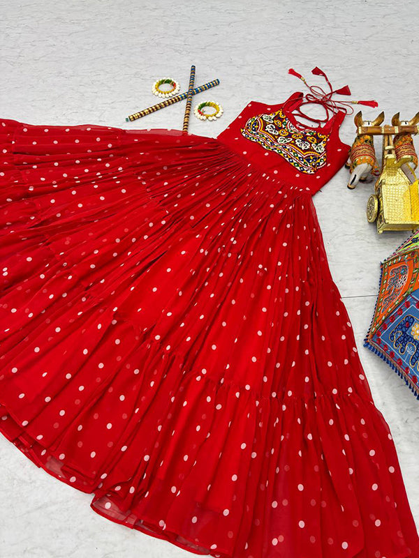 Red Bandhani Printed Gamathi Work Georgette Gown