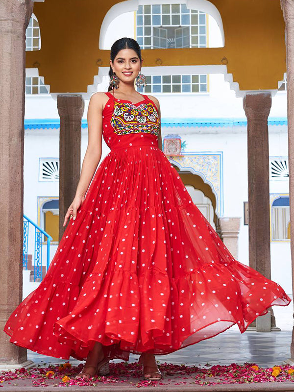 Red Bandhani Printed Gamathi Work Georgette Gown