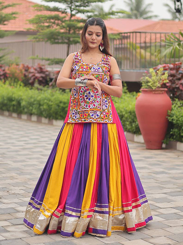 Multicolor Kutchi Gamthi Work Cotton Blouse With Lehenga