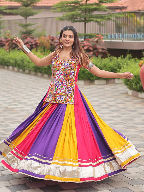 Multicolor Kutchi Gamthi Work Cotton Blouse With Lehenga