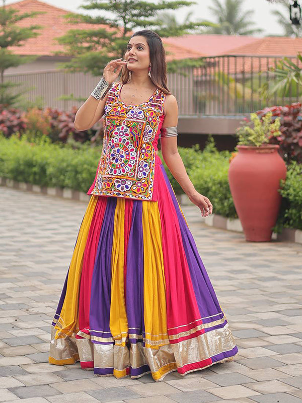 Multicolor Kutchi Gamthi Work Cotton Blouse With Lehenga