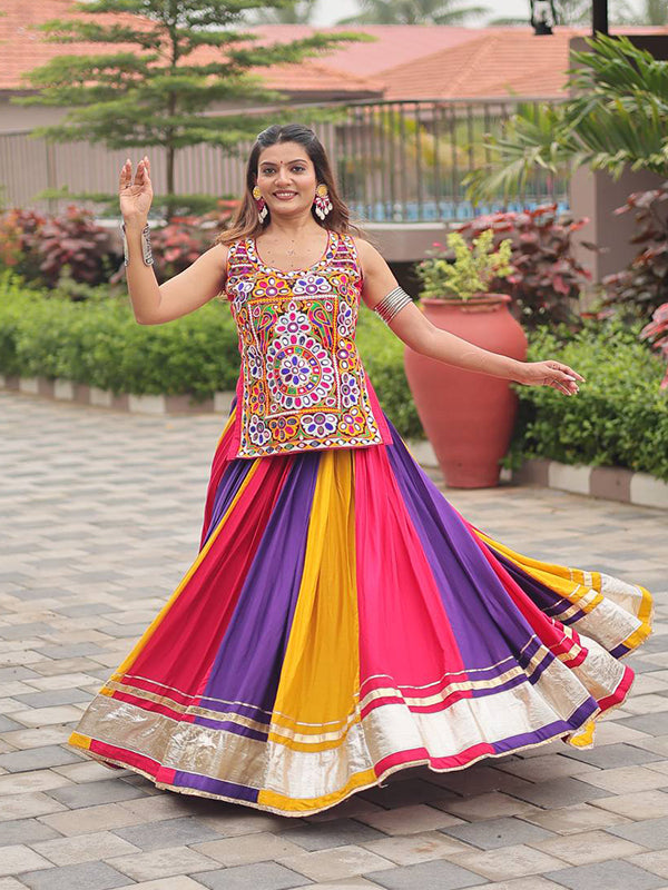 Multicolor Kutchi Gamthi Work Cotton Blouse With Lehenga