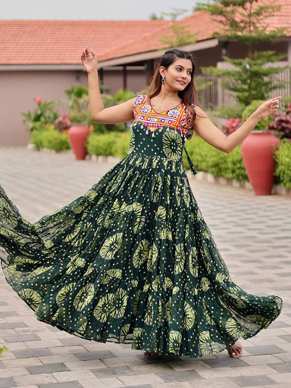 Green Gamathi Work Faux Georgette Navratri Gown