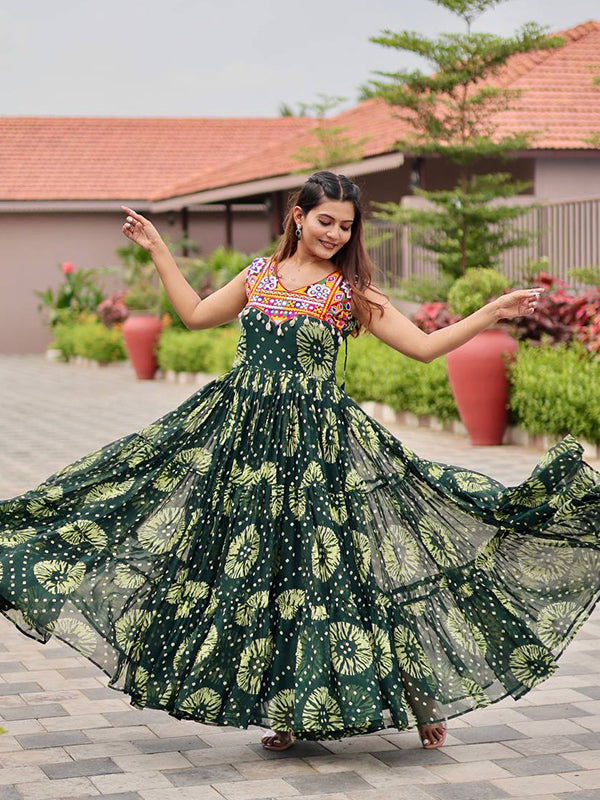 Green Gamathi Work Faux Georgette Navratri Gown