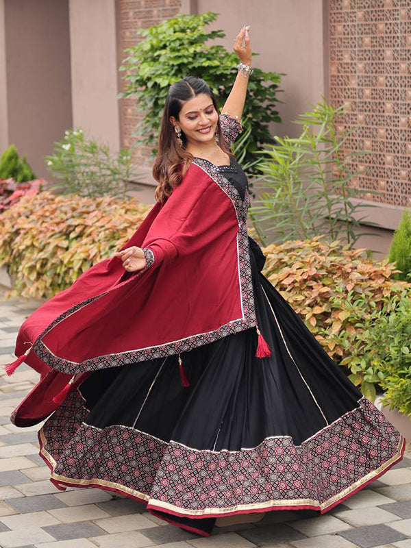 Black Pure Cotton Ajrakh Print Lehenga Choli With Maroon Dupatta