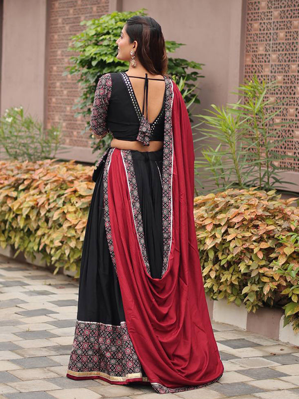 Black Pure Cotton Ajrakh Print Lehenga Choli With Maroon Dupatta
