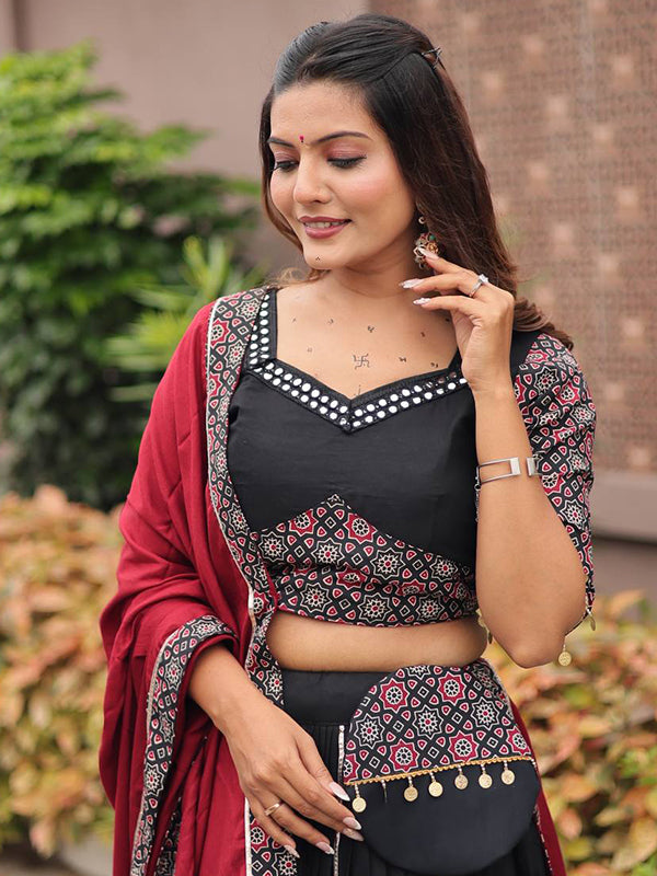 Black Pure Cotton Ajrakh Print Lehenga Choli With Maroon Dupatta